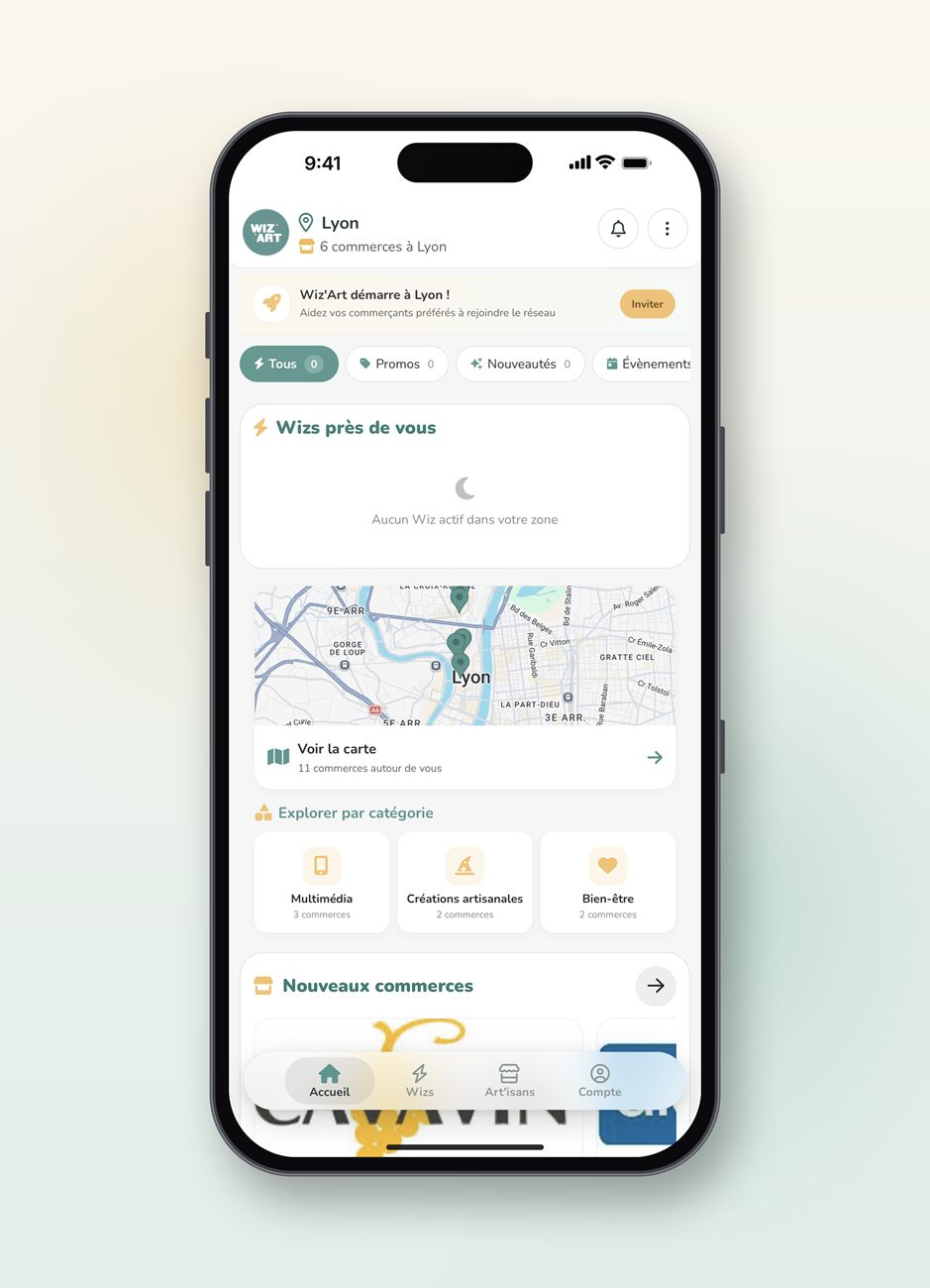 Application Wiz'Art sur iPhone : commerces de proximité à Lyon, carte du quartier et catégories de commerces